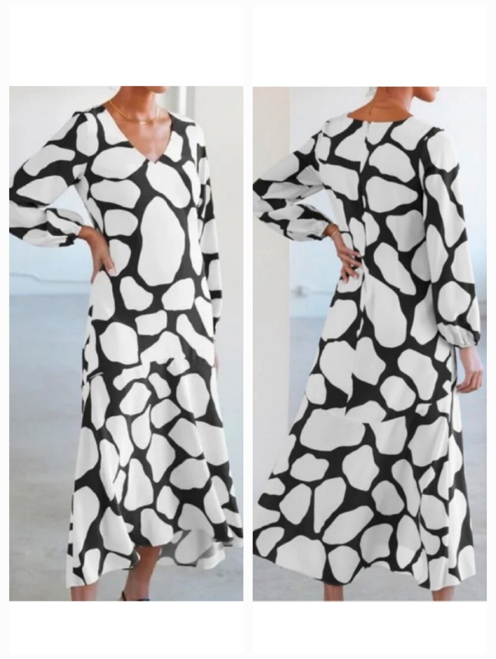 AYR The Fancy Lady Silk Midi Dress Modern Art Black Ivory Cream V-Neck Size XL